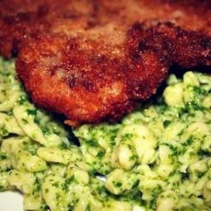 Baby Arugula Lemon Pesto with German Schnitzel - EVOO & Vin