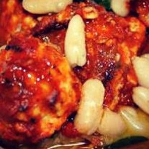 Chicken Polpettine in Spicy-Garlic Tomato Sugo over Smoky Cannellini Beans with Escarole - EVOO & Vin