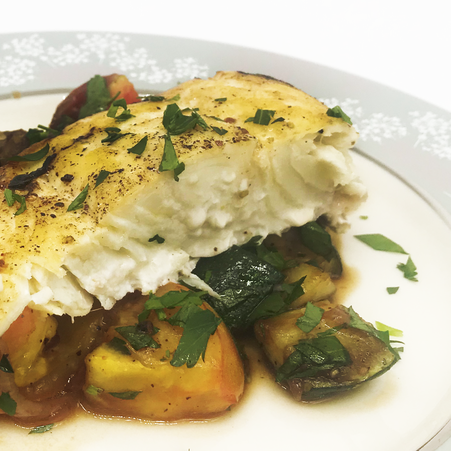 Pan Seared Halibut with Warm Tomato & Baby Squash Salad