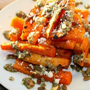 Roasted Sweet Potatoes with Sage & Toasted Pumpkin Seed Pesto and Ricotta Salata - EVOO & Vin
