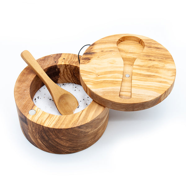 Set of 2 Salt Cellars with Spoon/Spice Jars with Lid and Spoon made of  Tunisian Olive Wood (+2 Small Spice Spoon & Free Wood Beeswax) - Artisraw