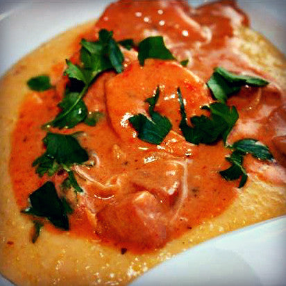 Baklouti Shrimp & Andouille over Olive Oil Grits - EVOO & Vin