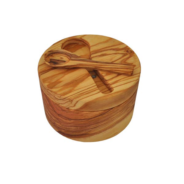 Olive Wood Salt Cellar with Magnetic Lid and NoInset Spoon