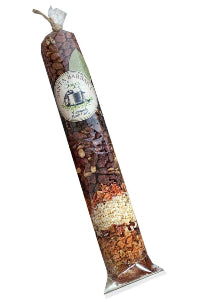 Spice mix in a cylindrical package with a label on a white background