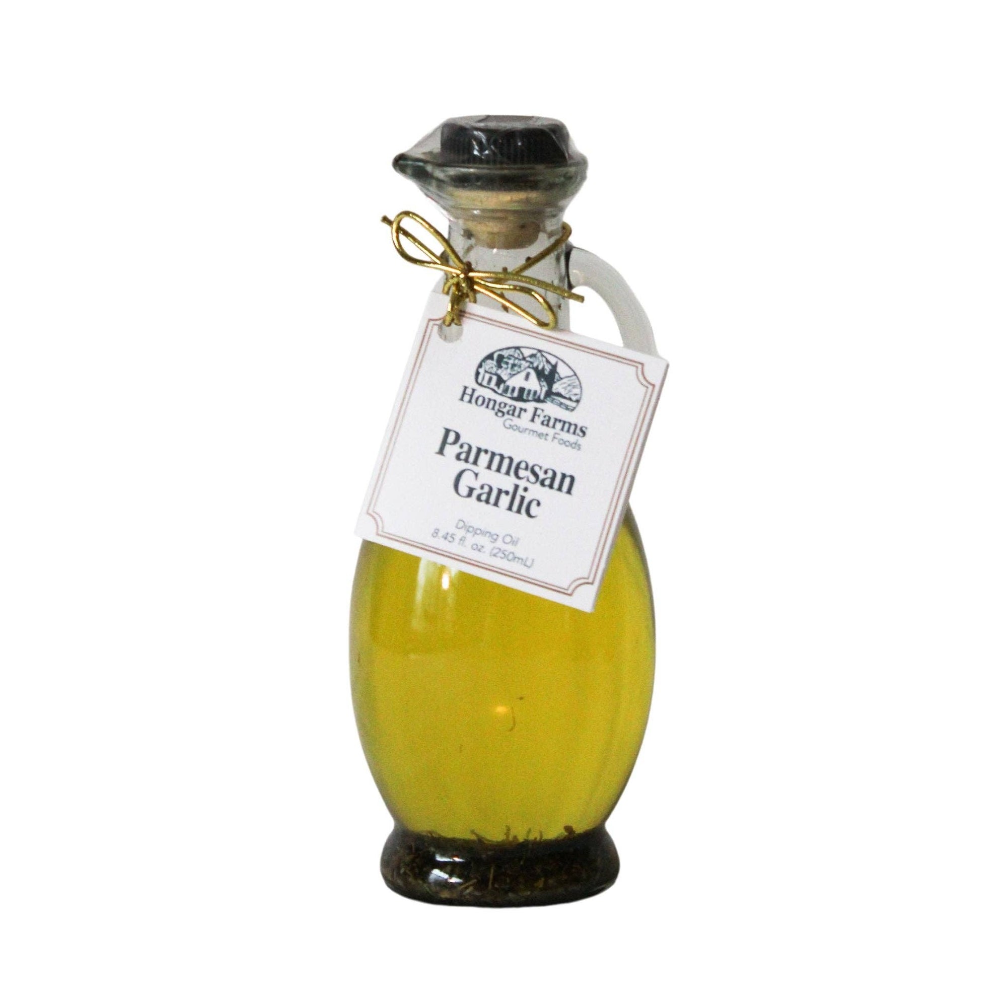 Bottle of Parmesan Garlic oil with a label on a white background