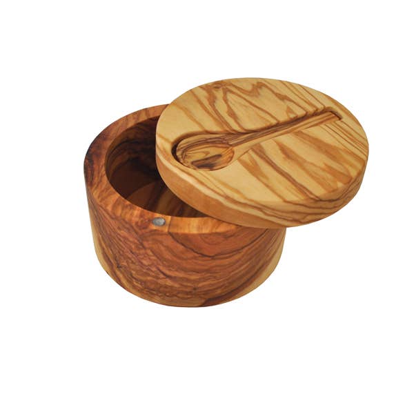 Olive Wood Salt Cellar with Magnetic Lid and NoInset Spoon