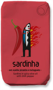 Red packaging of sardine in spicy olive oil with a stylized figure and chili pepper illustration.