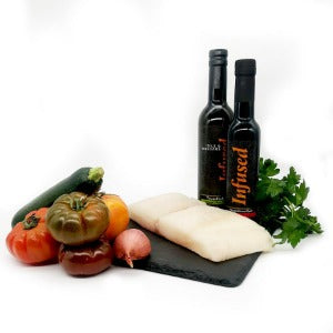 Pan Seared Halibut with Warm Tomato & Baby Squash Salad