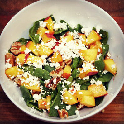 Spinach Salad with Ripe Peach Balsamic Vinaigrette - EVOO & Vin
